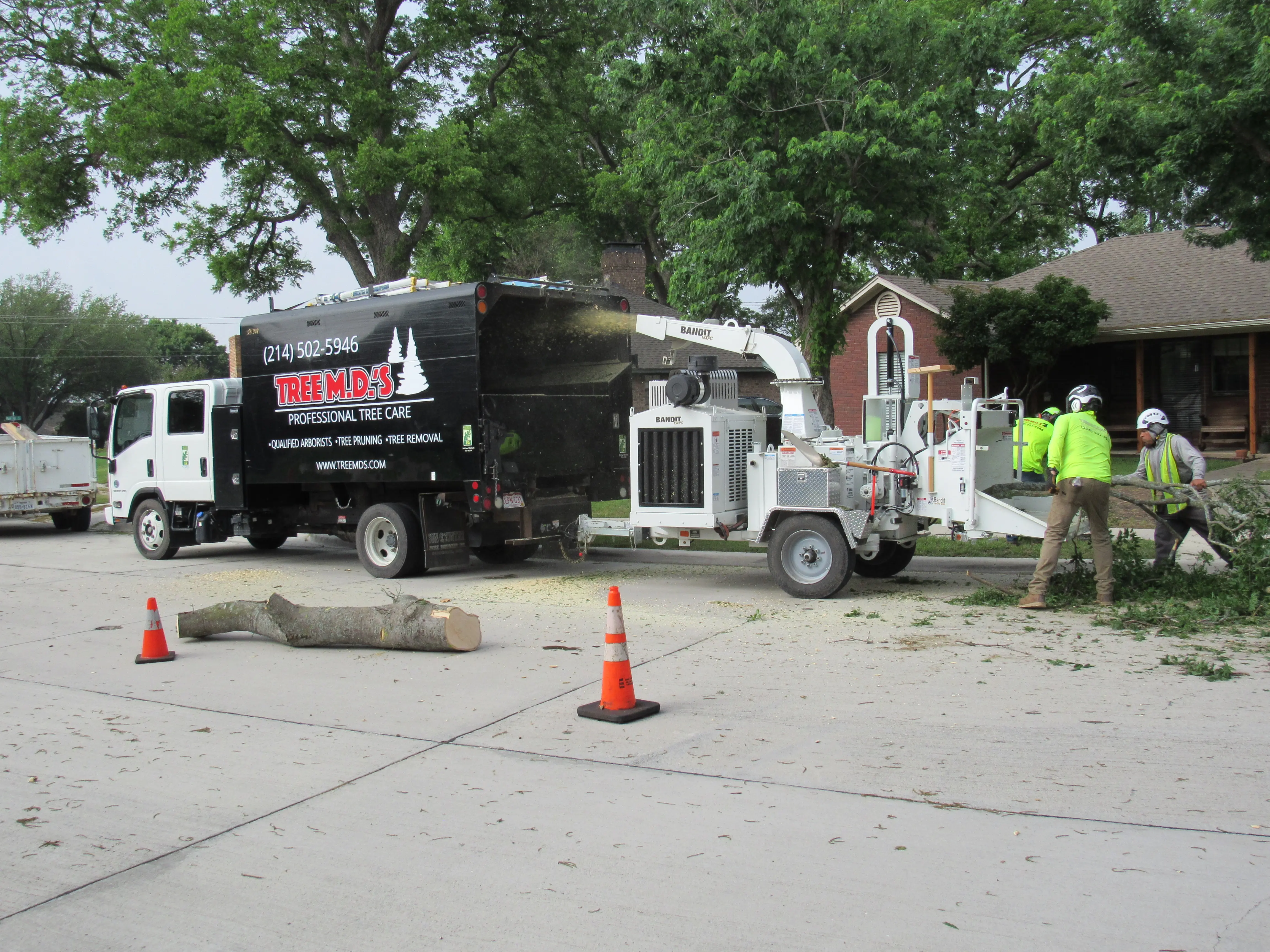 Tree MD's branded service truck and Bandit chipper processing debris on the driveway during an emergency tree removal in McKinney, TX